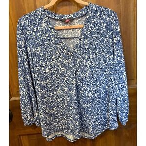Vince Camuto Blue White Floral Print V Neck 3/4 Sleeve Tunic Top Women's M